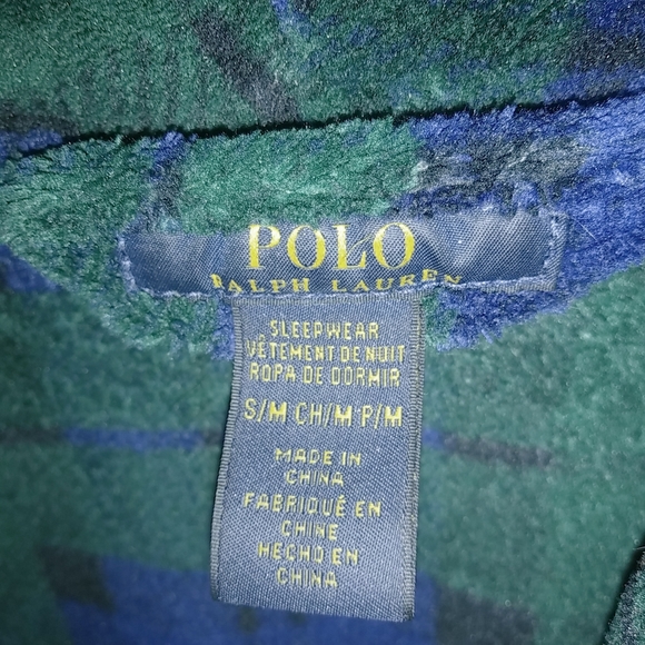 Polo Ralph Lauren S/M Mens Belted Blue Hunter Green Plaid Fleece Robe - Picture 7 of 8